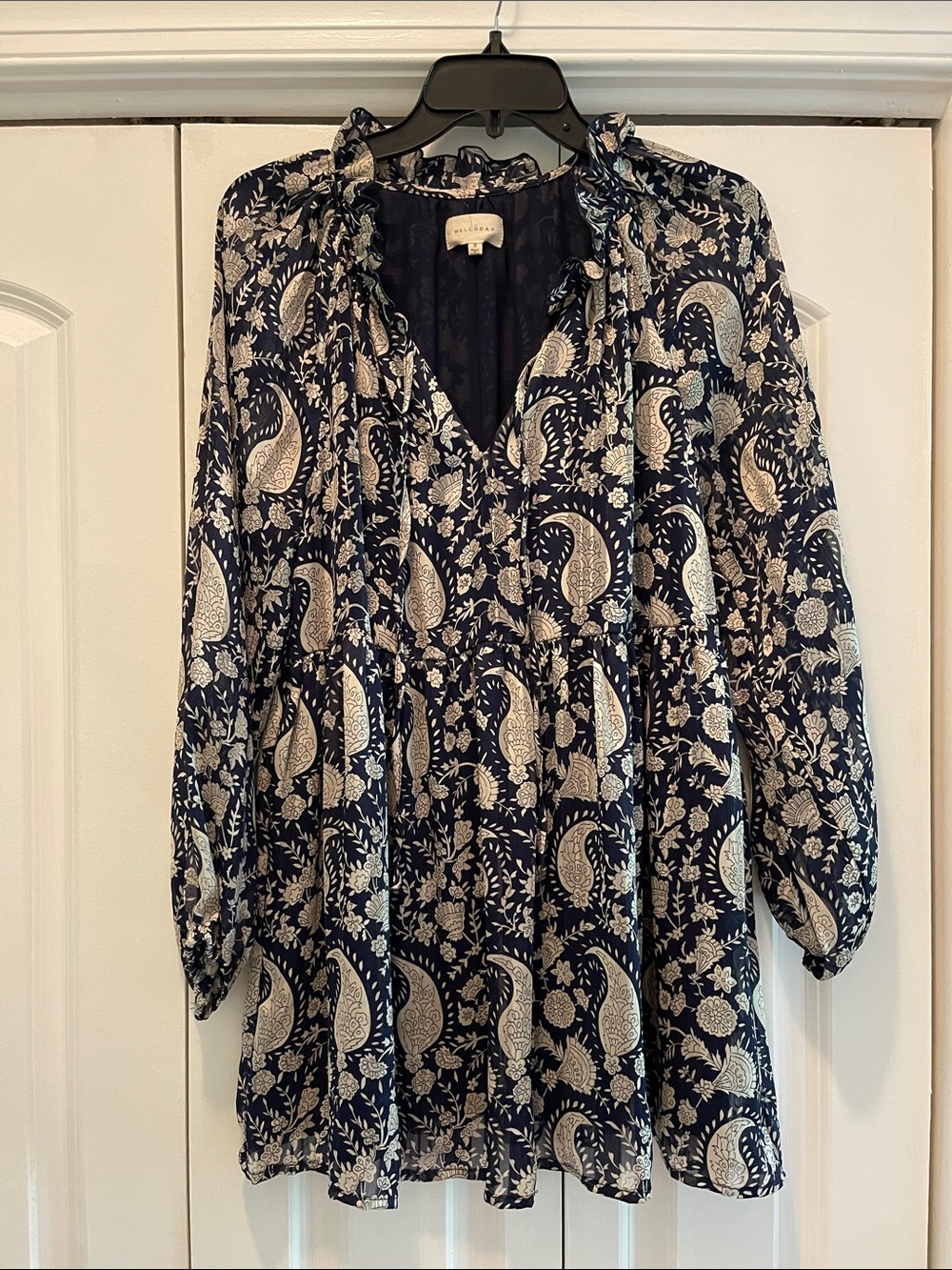 MELLODAY Navy and Cream Paisley Ruffle-Trim Tunic